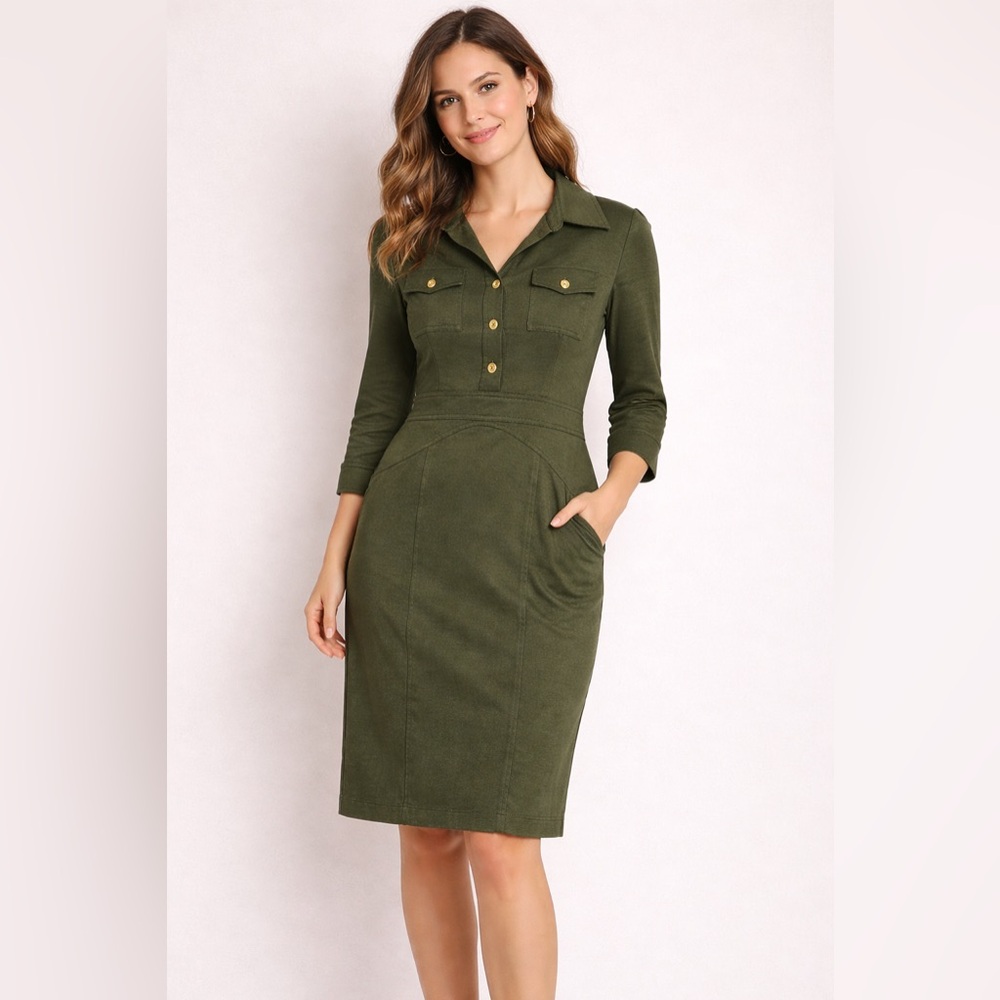 Kay Unger Olive Green Dress Women’s 12 Military Inspired, Office semi-Fitted